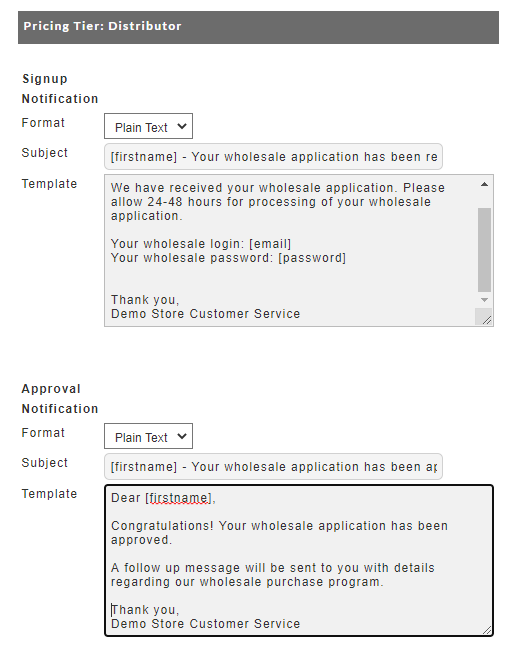 Wholesale signup confirmation and approval notification template