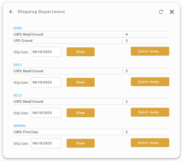 screenshot image of View of the Shipping Department Widget that can be added to the Home Page.