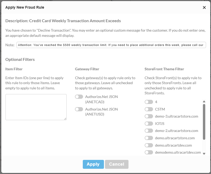 screenshot image of the view of  adding a Custom Decline message to a fraud rule.