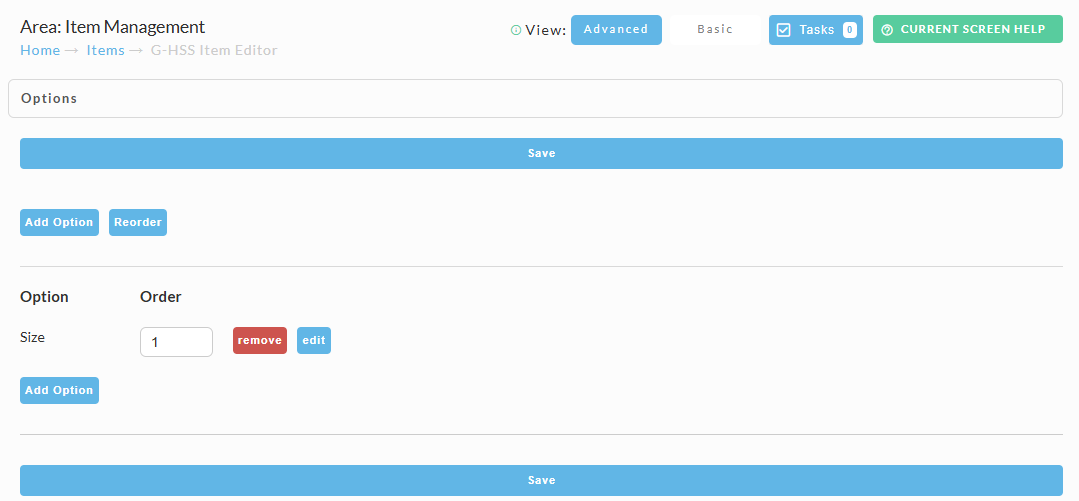 View of Size Item Option in the Options-Variations tab of the item editor.