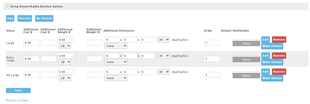 Size Item Option - Drop-down list of available sizes.