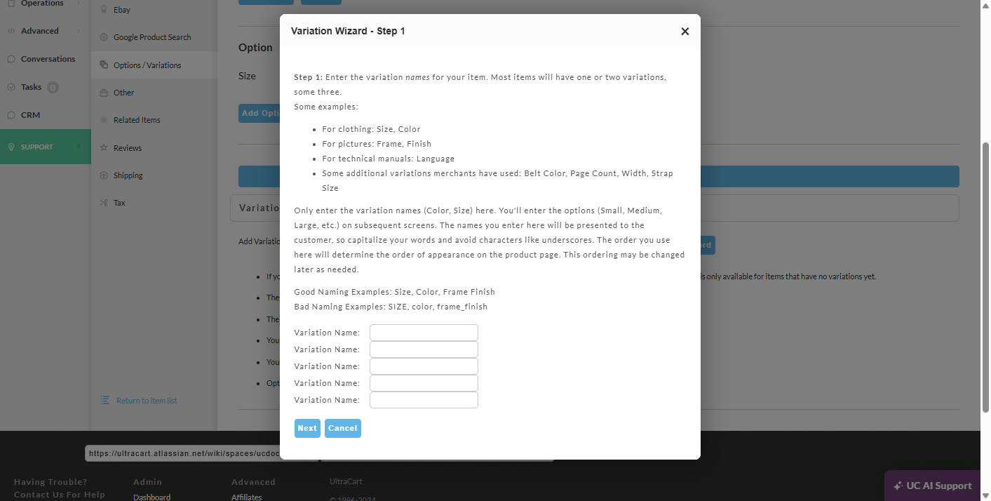screenshot of the Variation Wizard Step 1 dialog window.