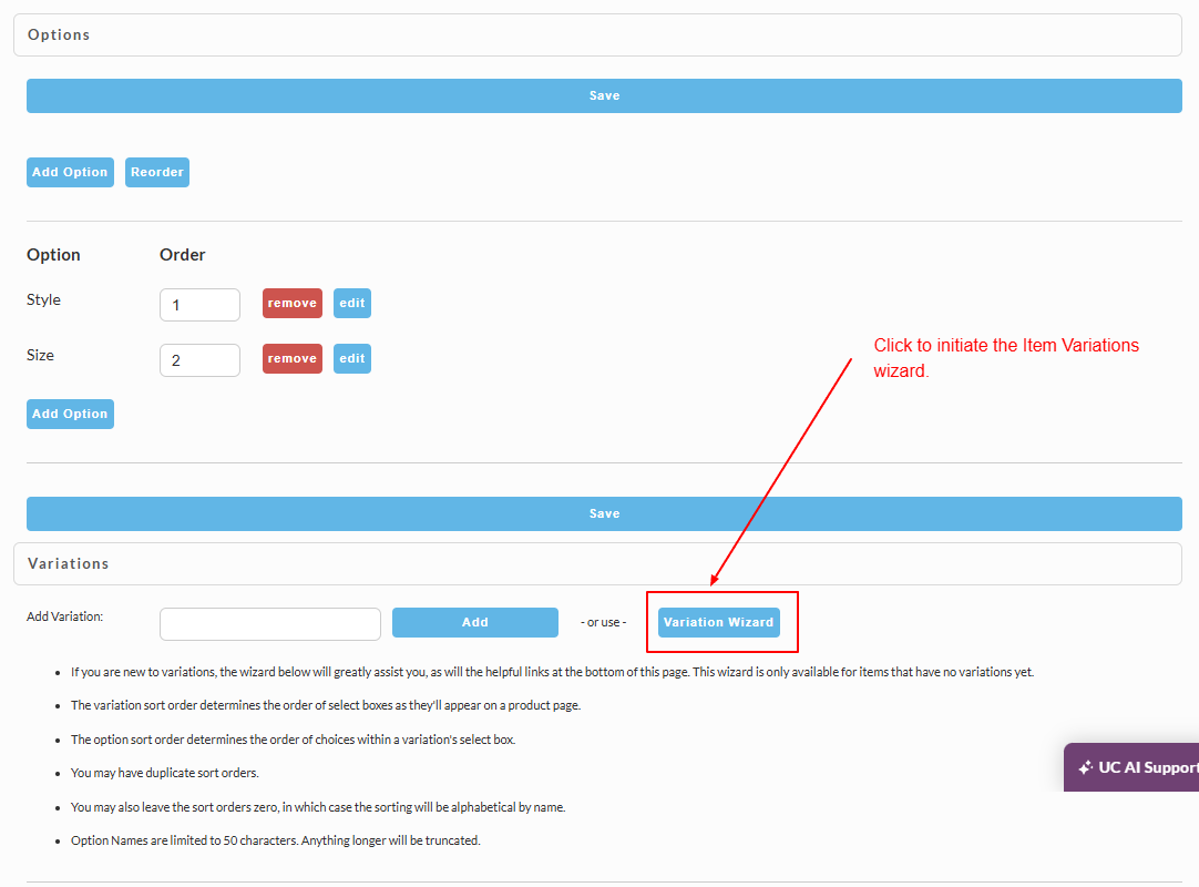 Screenshot image Click Item Variations button to initiate the Variations Wizard.