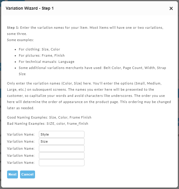 screenshot image of Variation Wizard Step 1, entering the Variation names.