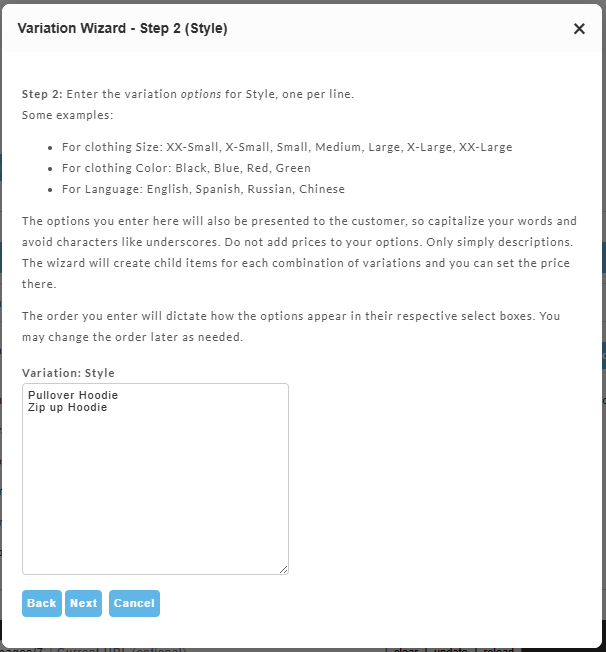 Screenshot image of View of Variation Wizard - Step 2 -Style