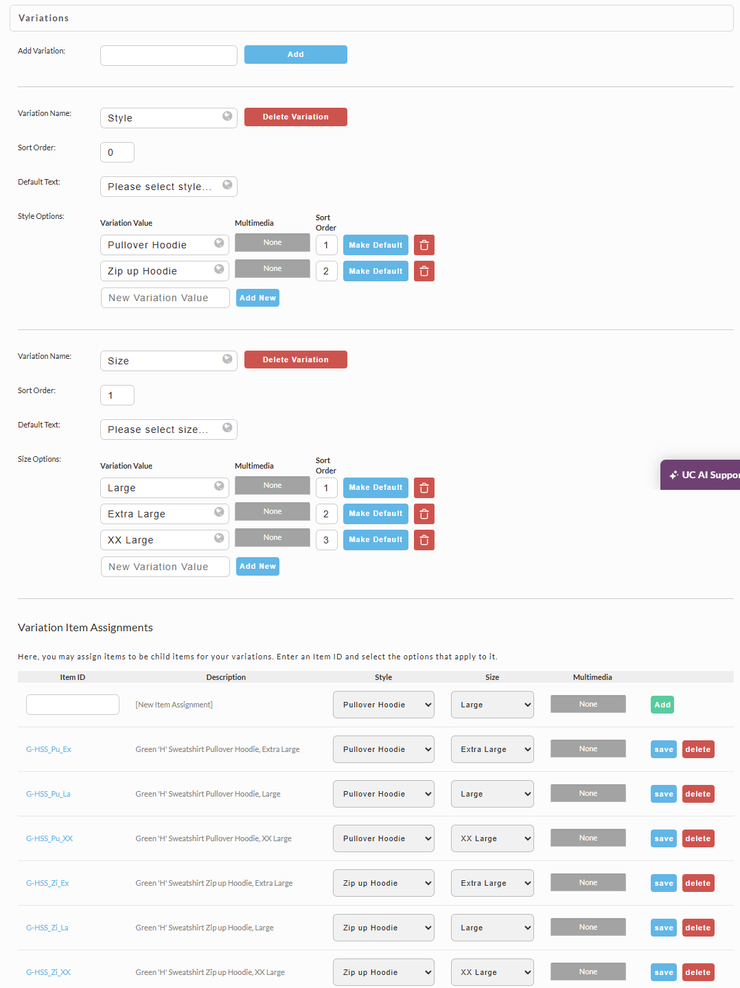 screenshot image of View of the created Style and Size item variations, with the newly created child items.
