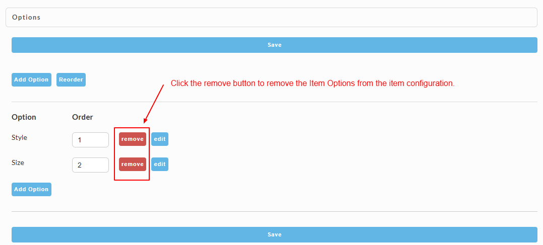 Screenshot of the item options section which we will remove.