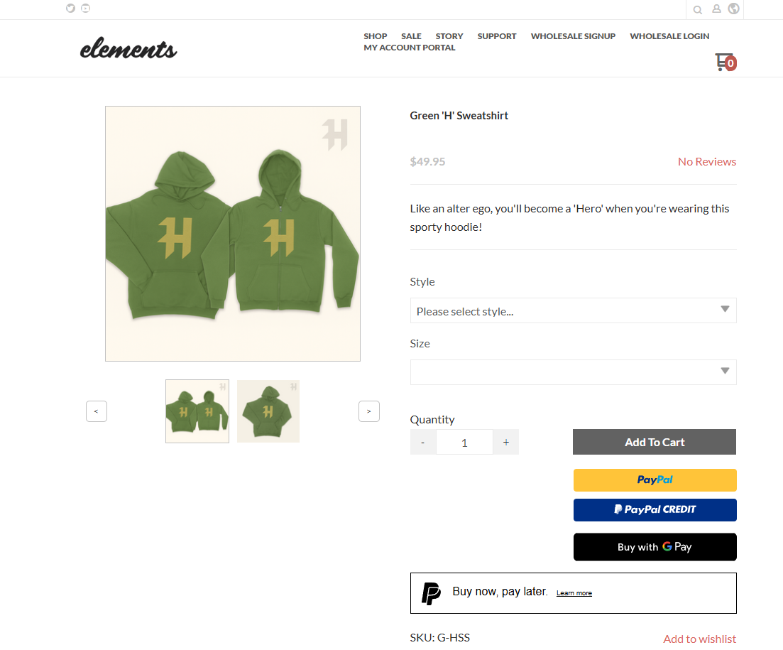 screenshot image showing view of the item variations as presented to the customer.