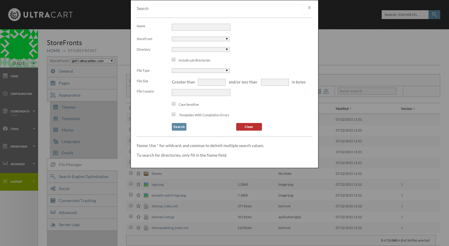 The detailed search dialog