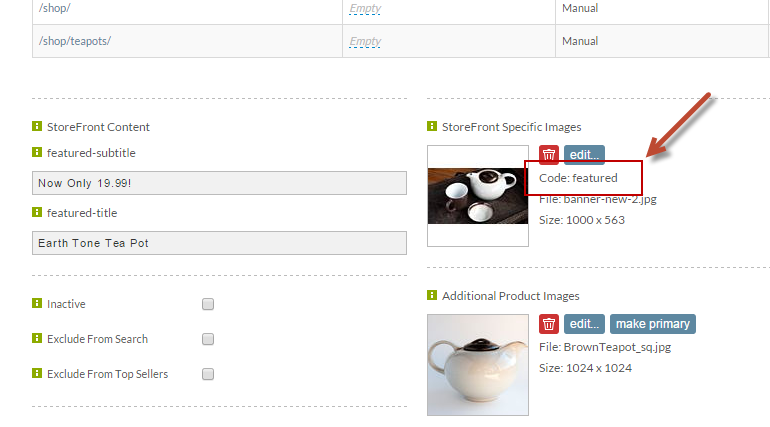 The StoreFronts image section of the item editor, showing image codes
