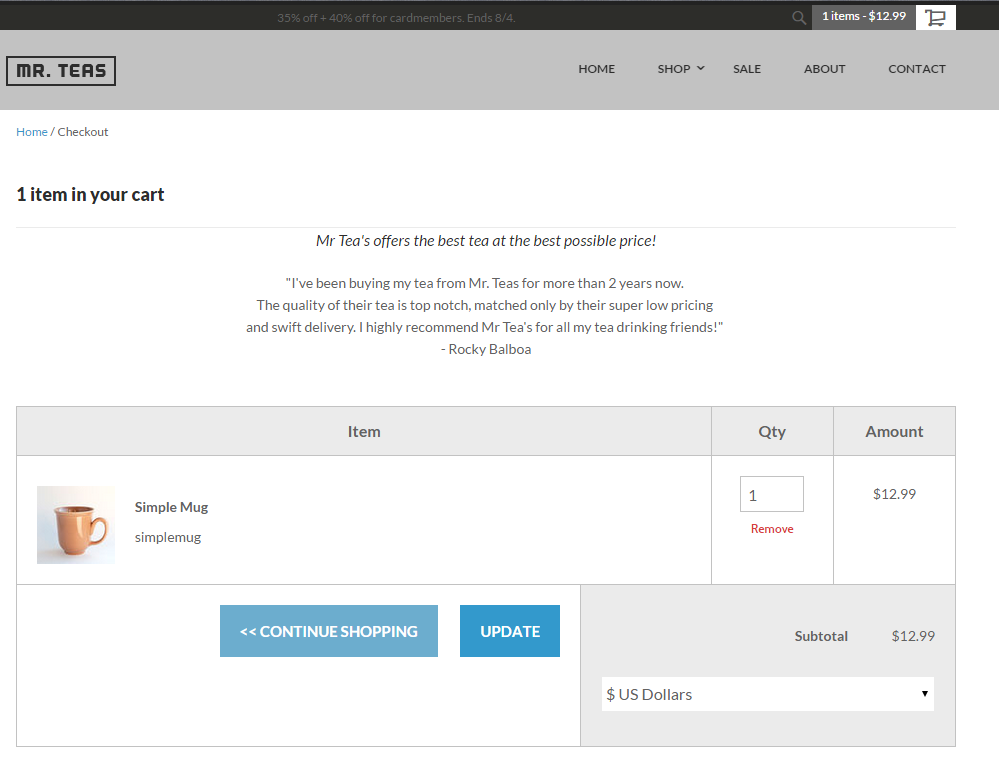 View of testimonial rendering in the view cart page.PNG