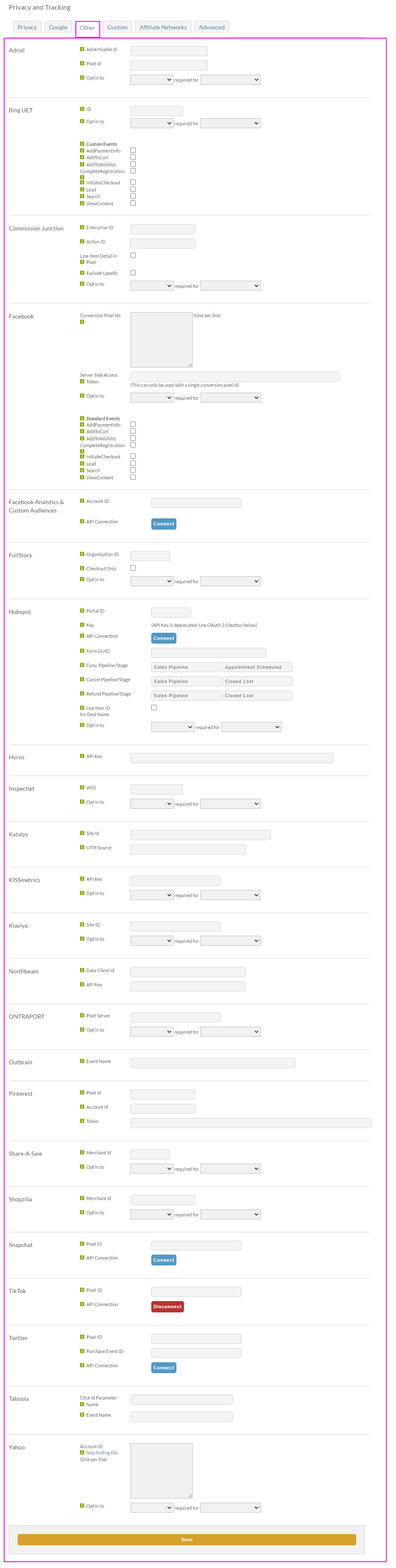 The Other tab, listing the available tracking integrations