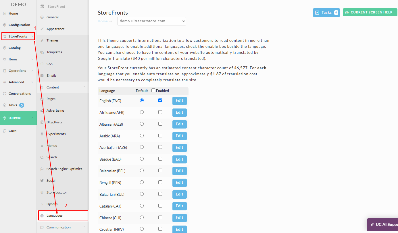 screenshot image of View of Storefront Languages