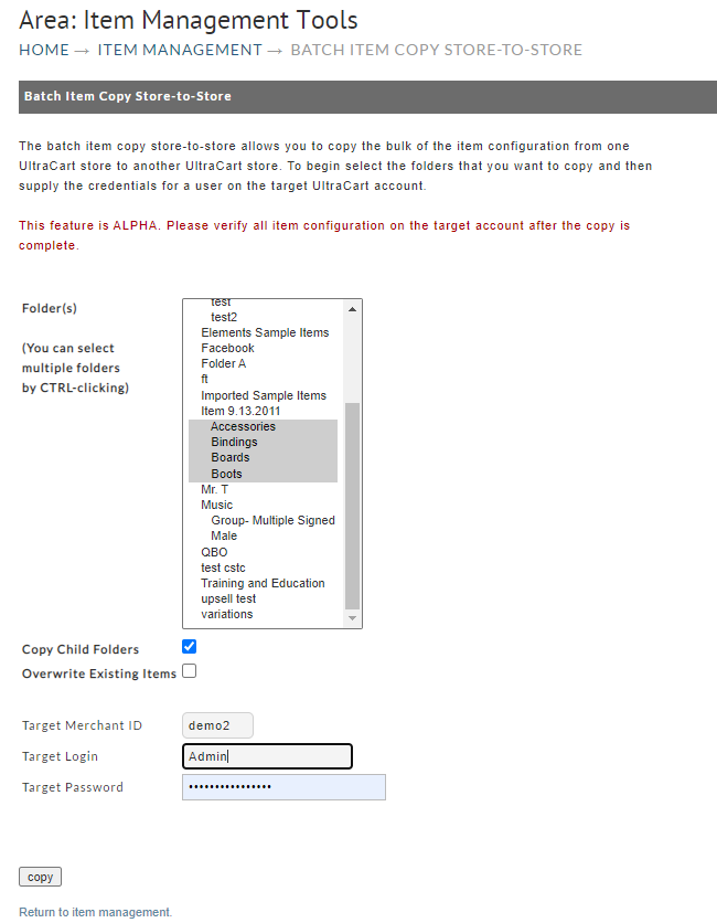 Screenshot of the Batch Item Copy Store-To-Store tool