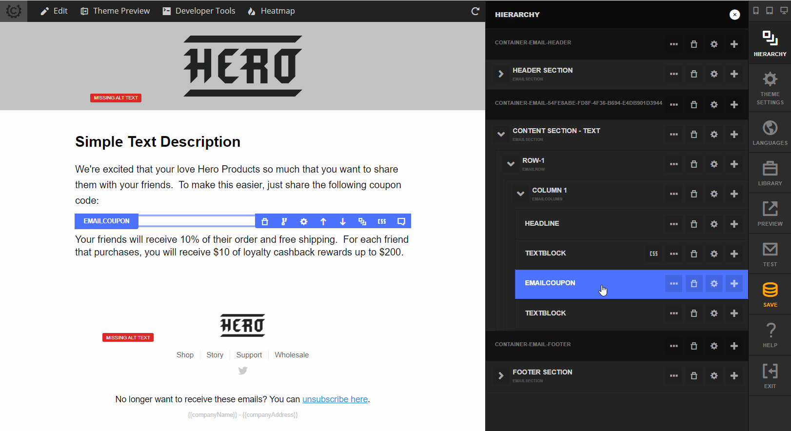 The email layout with a coupon element sandwiched between two text blocks.