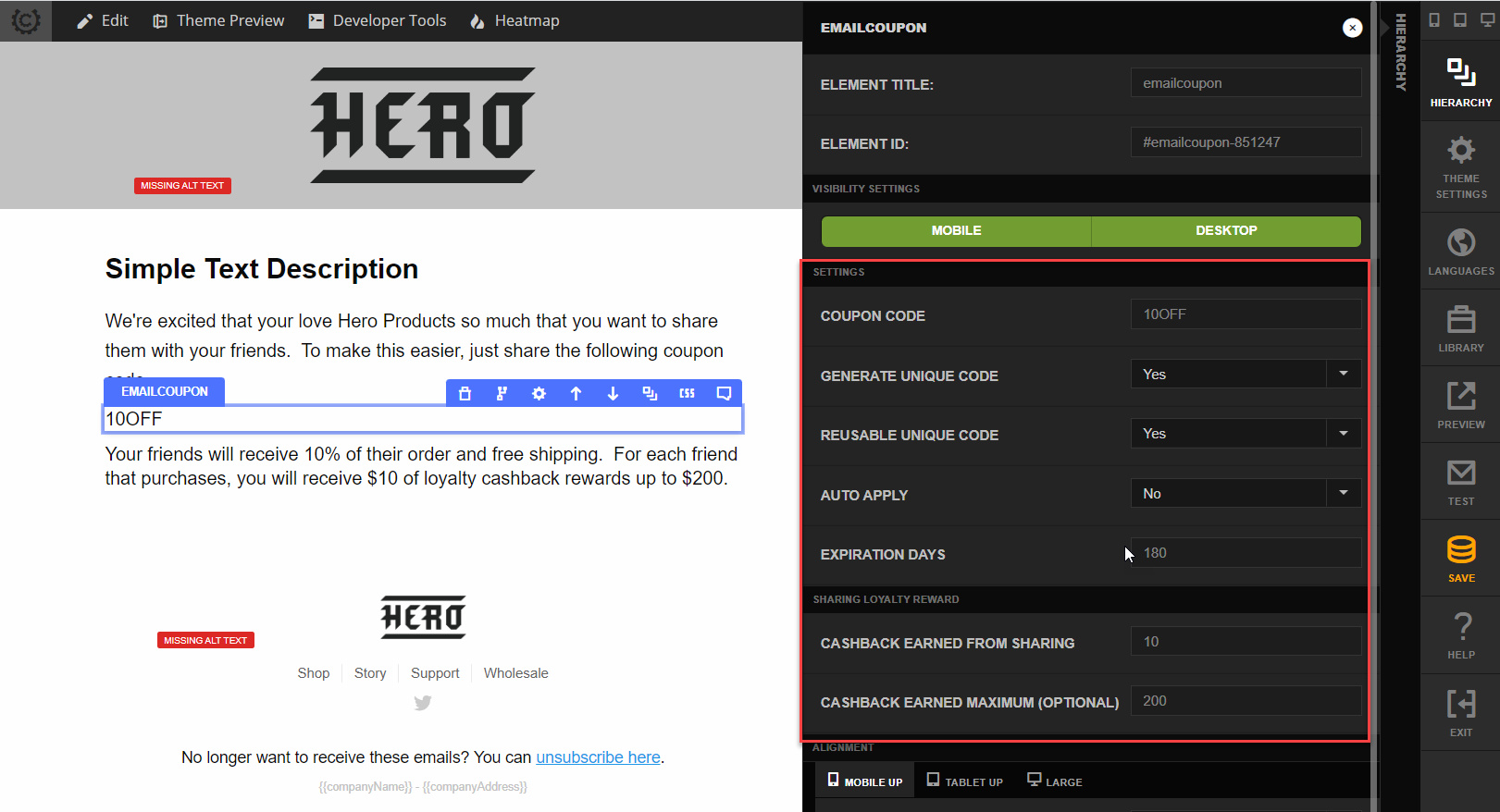 The coupon element settings panel, including the Sharing Loyalty Reward section.