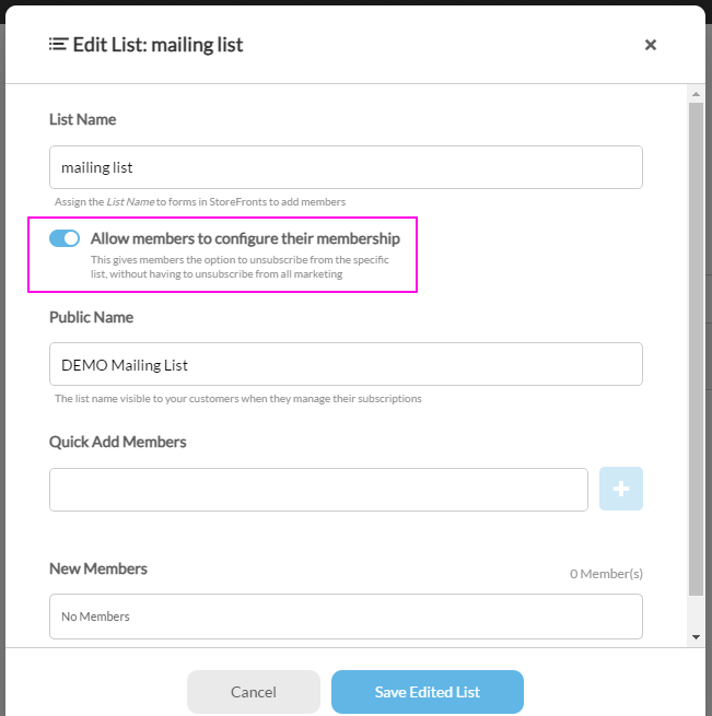 Email List - Allow Members to Configure their membership setting