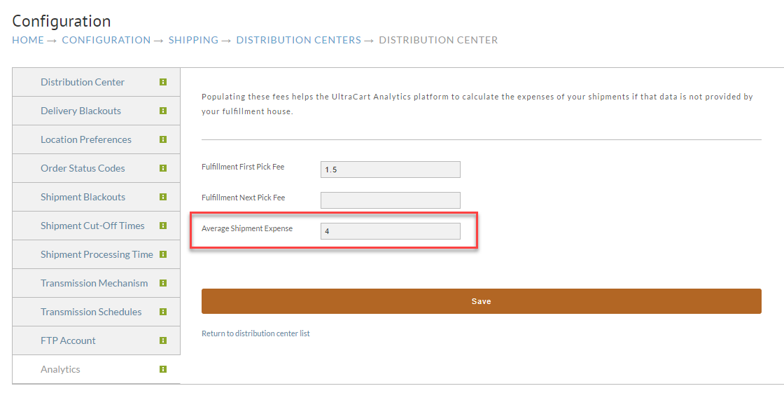 Distribution Center average shipment fee configuration