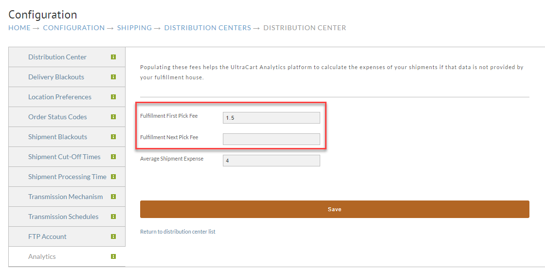 Distribution Center fulfillment cost configuration