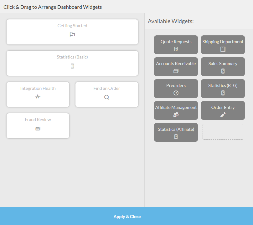 Available analytics widgets for drag and drop