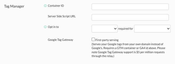 Tag Manager settings including the Google Tag Gateway first-party serving checkbox