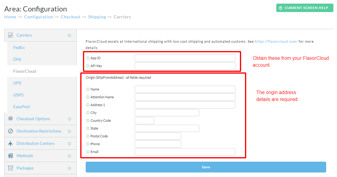 Image of the FlavorCloud required integration details.