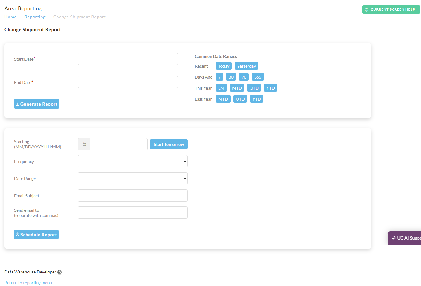 Screenshot of the Generate report form for the Change Shipment Report.