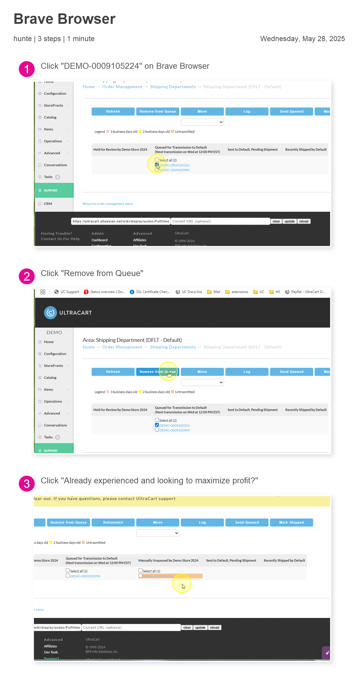 Example of removing an order from transmission queue to prevent shipment processing.