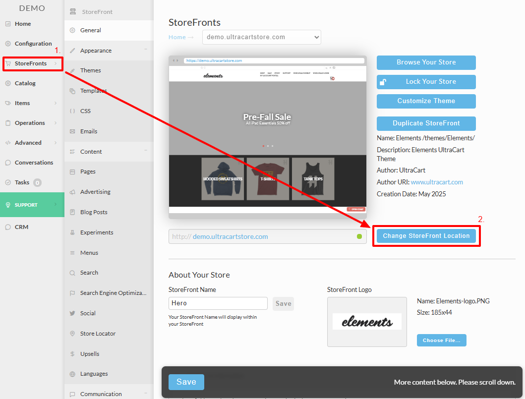 Screenshot of 'Change Storefront Location' button in Storefronts Menu