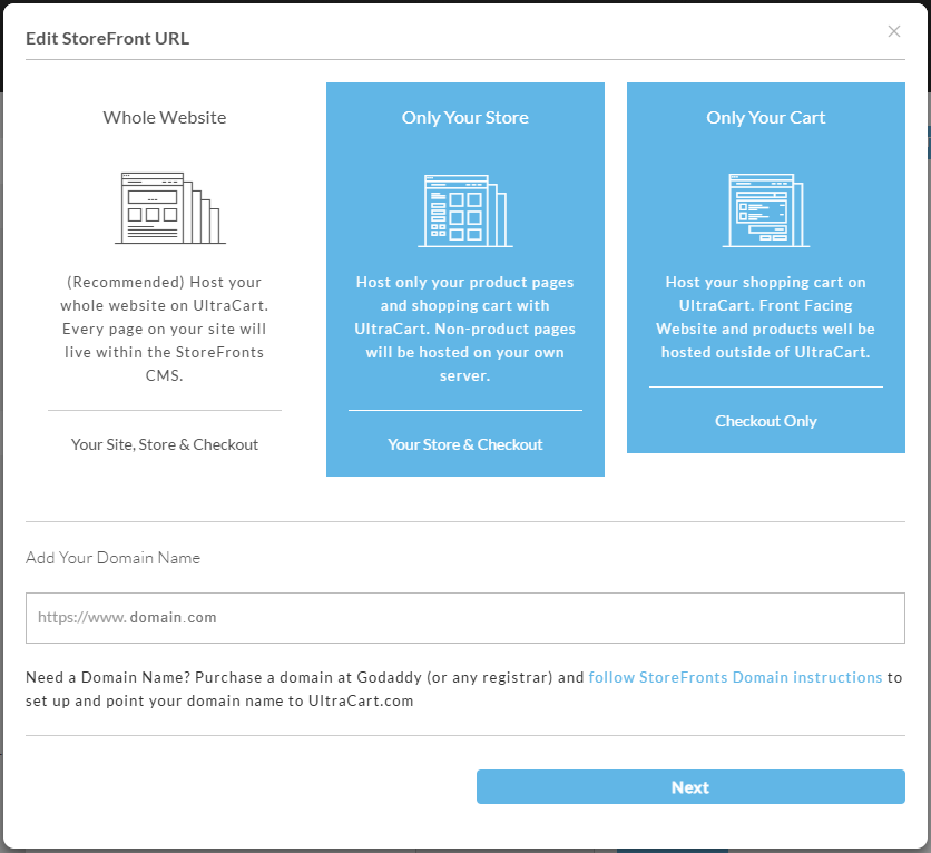 Choose your storefront configuration for custom SSL purchase screenshot image.
