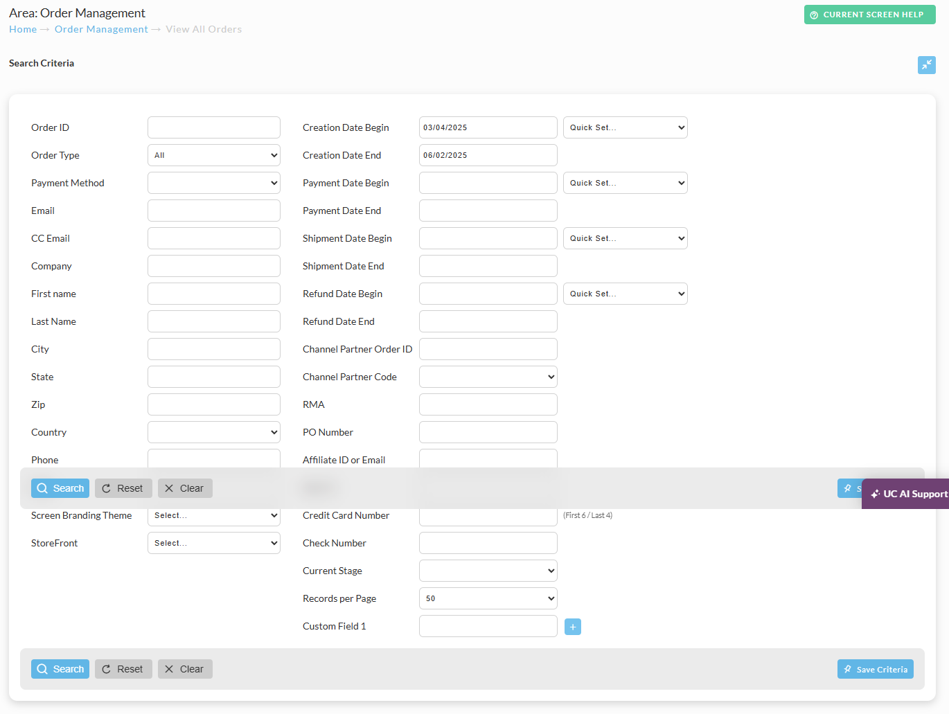 Screenshot of the View Orders Search Form.