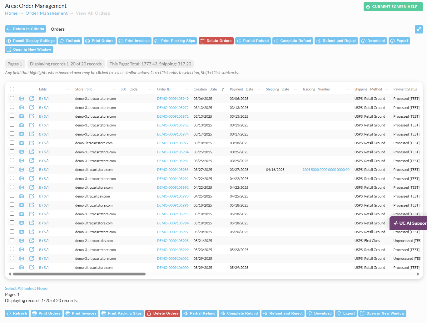 Screenshot of the View Orders Search Results page.