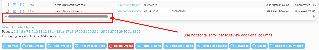 Horizontal Scrool bar for View Order Search Results table.
