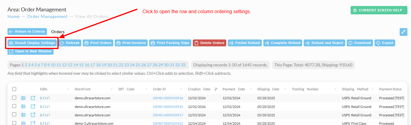 screenshot showing the Result Display Settings button to access the row and column ordering settings.