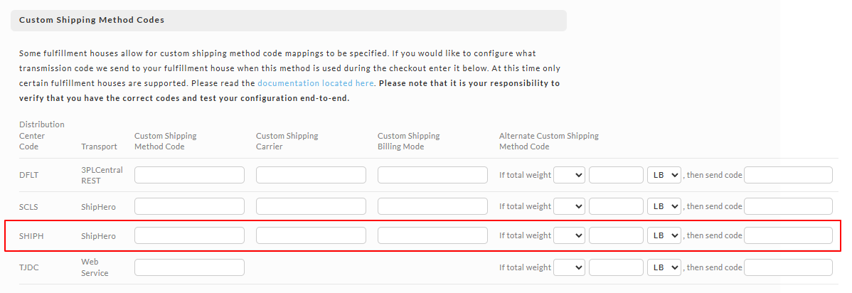 Screenshot of the Custom Shipping Method Code mapping located in the other tab of the shipping method editor.