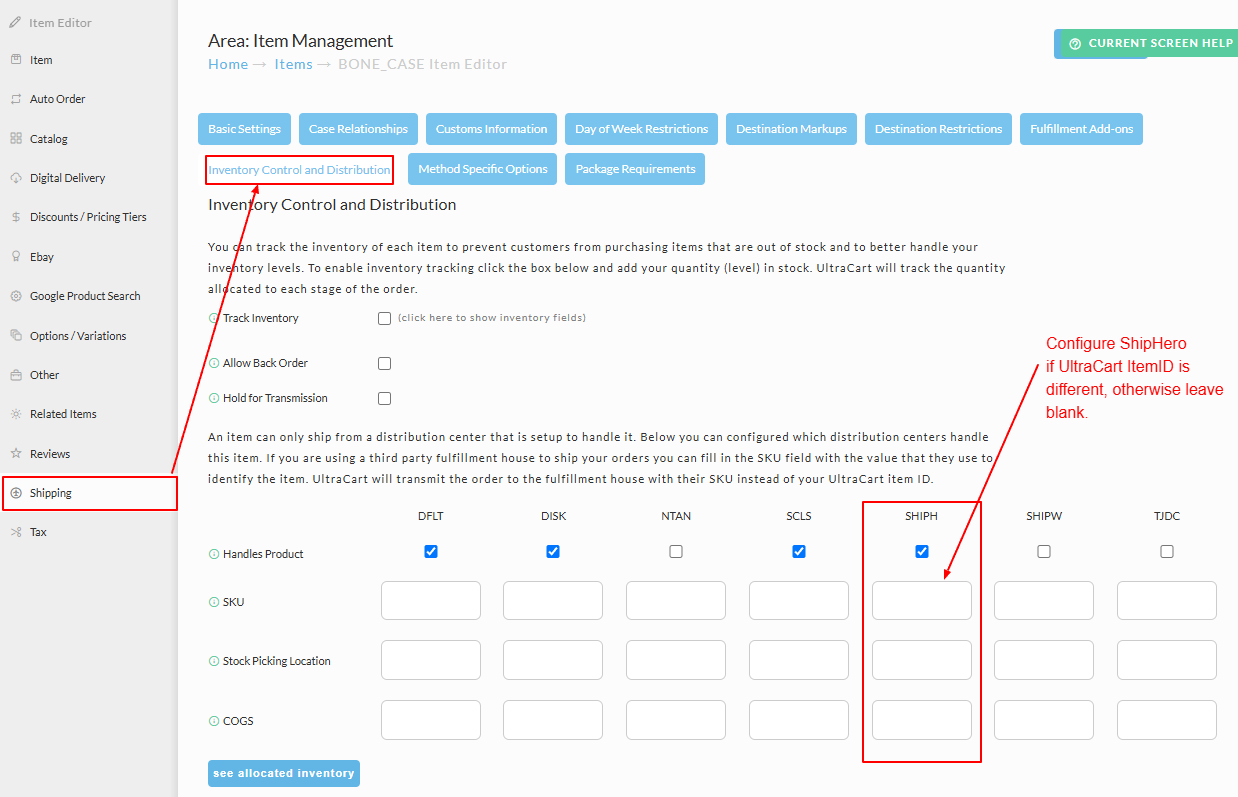 Use the SKU to map an UltraCart ItemID to ShipHero SKU