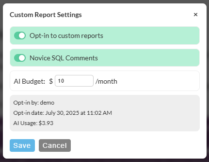 AI report budget settings dialog
