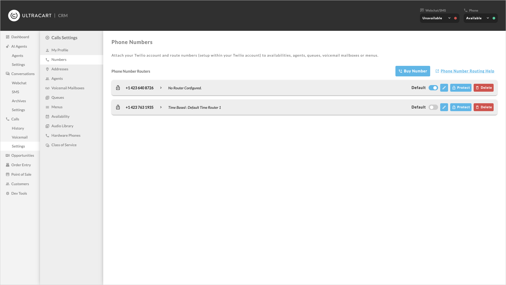 The Phone Numbers settings page showing your purchased DIDs, their routing rules, and controls for editing, protecting, or deleting each number.