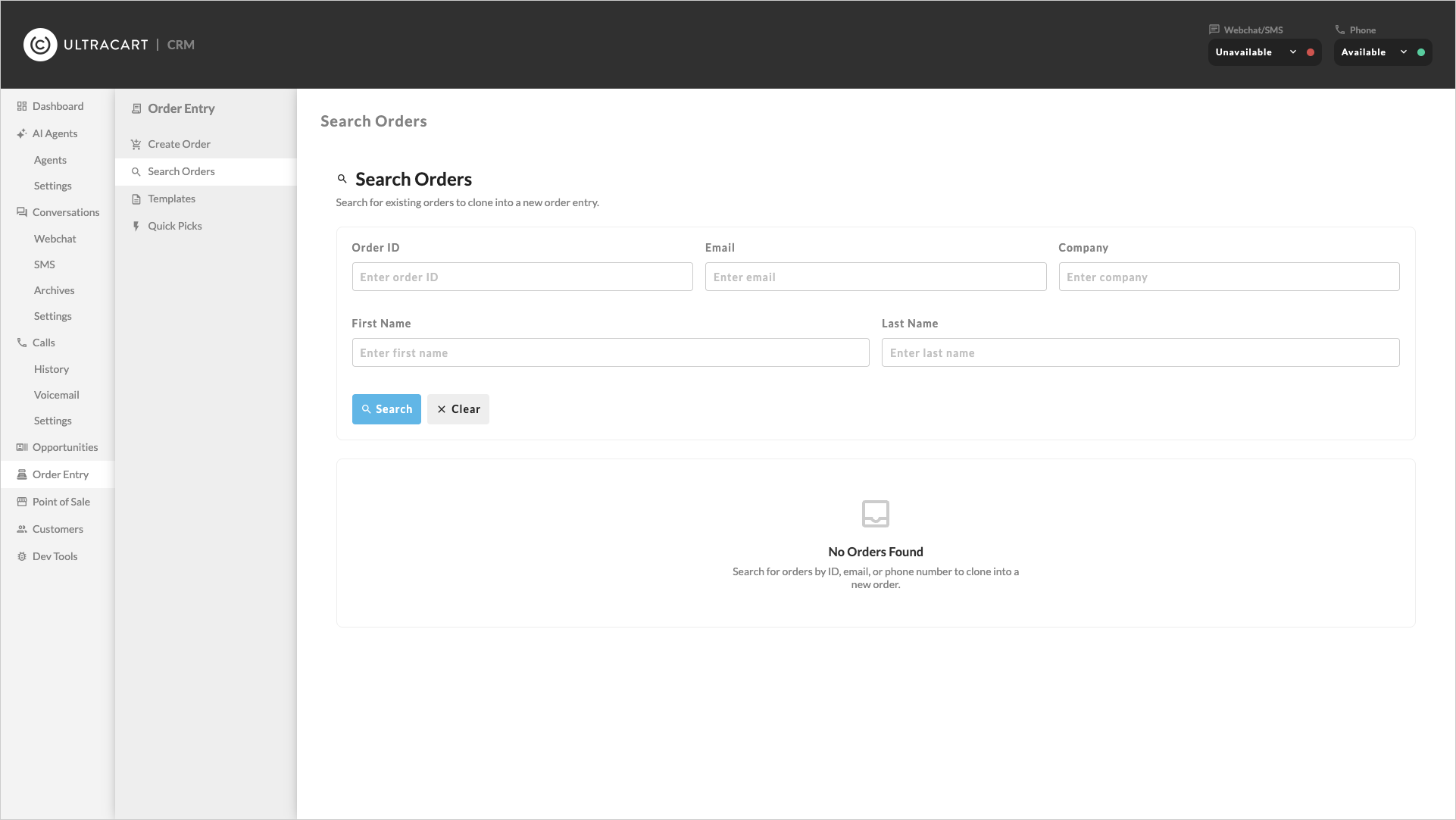 Order search page