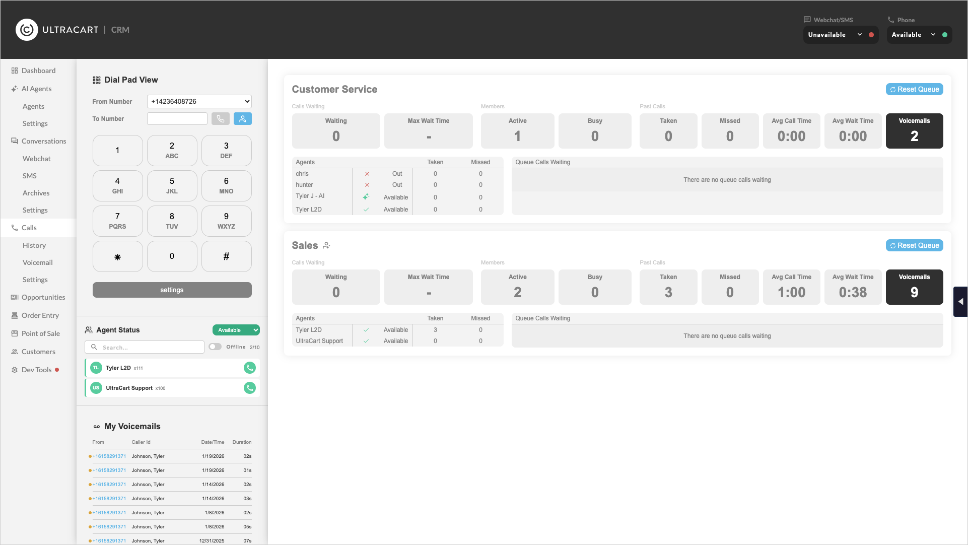 The UltraCart Calls interface showing the softphone dial pad, agent status controls, and real-time queue monitoring for Customer Service and Sales queues.