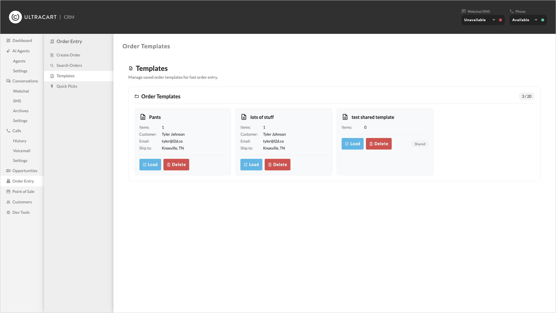 Order templates management page
