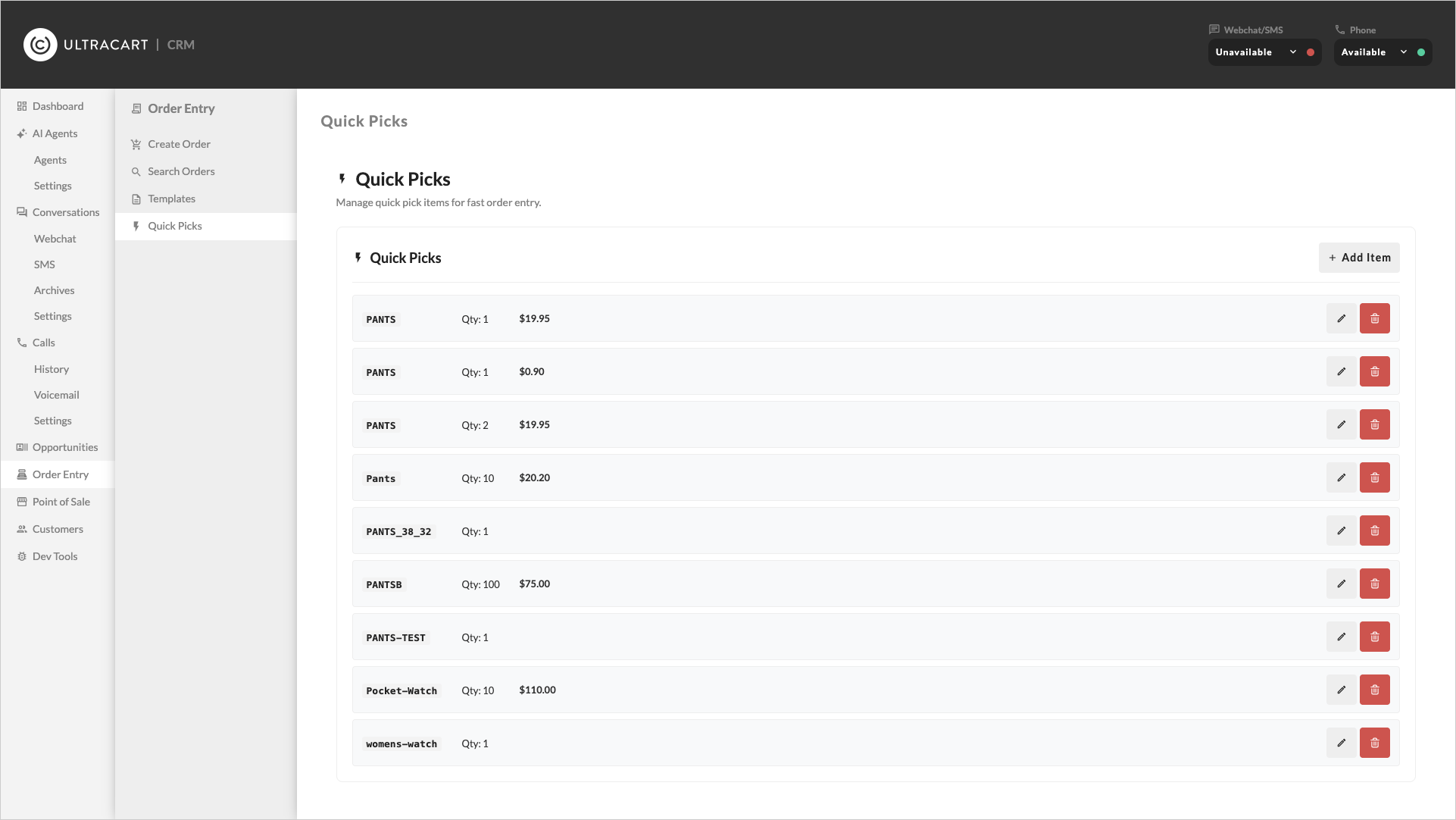 Quick picks management page