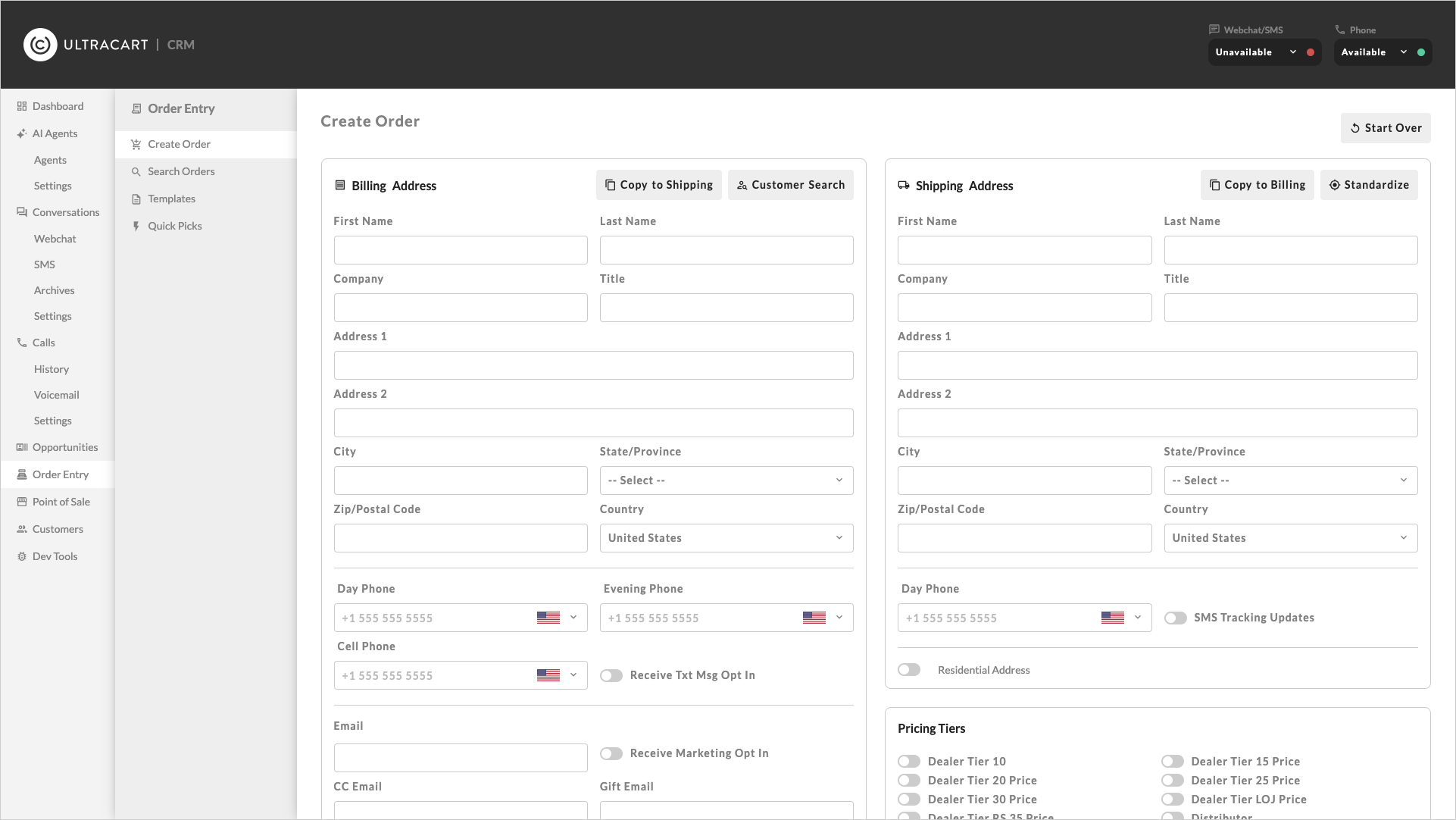 Order entry create order screen