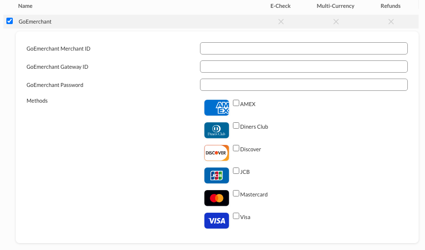 UltraCart GoEmerchant gateway configuration screen