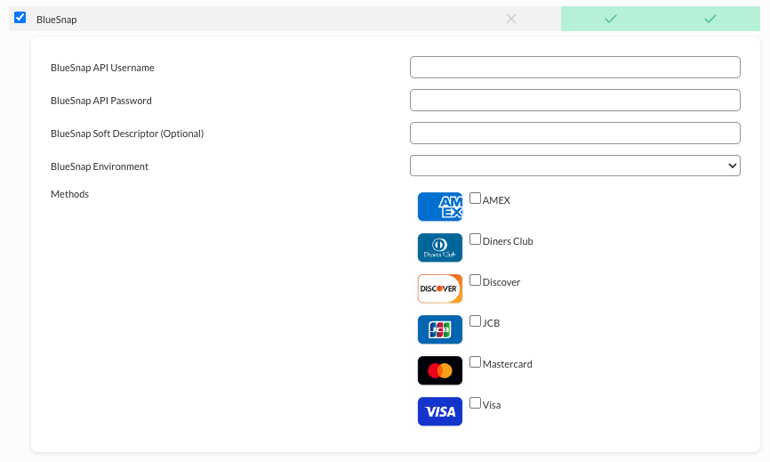BlueSnap gateway configuration screen in UltraCart