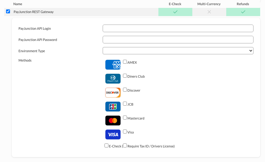 UltraCart PayJunction REST Gateway configuration screen