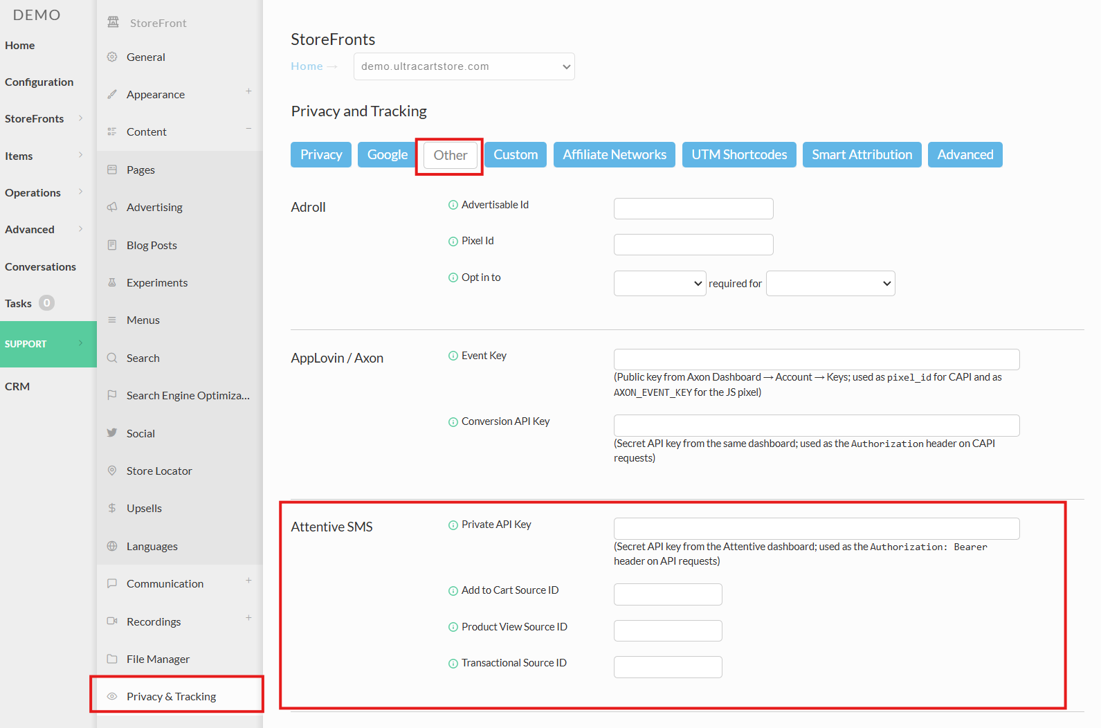 The Attentive SMS block on the StoreFront Privacy and Tracking screen, Other tab, with fields for Private API Key, Add to Cart Source ID, Product View Source ID, and Transactional Source ID.