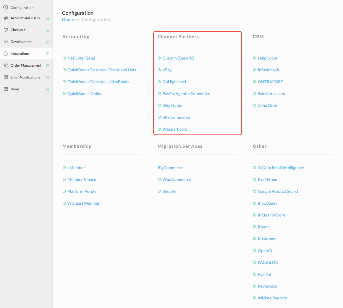 The Configuration screen with the Integrations tab selected and the Channel Partners section outlined
