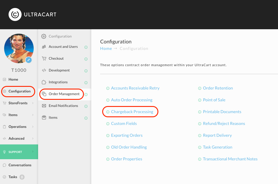 The Configuration screen with Order Management and Chargeback Processing highlighted