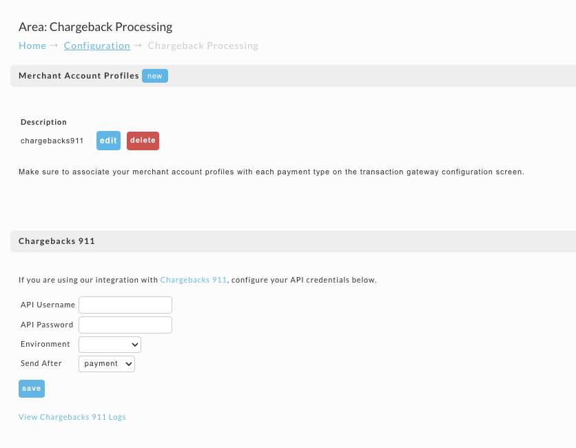 The Chargeback Processing page showing the Merchant Account Profiles and Chargebacks 911 sections